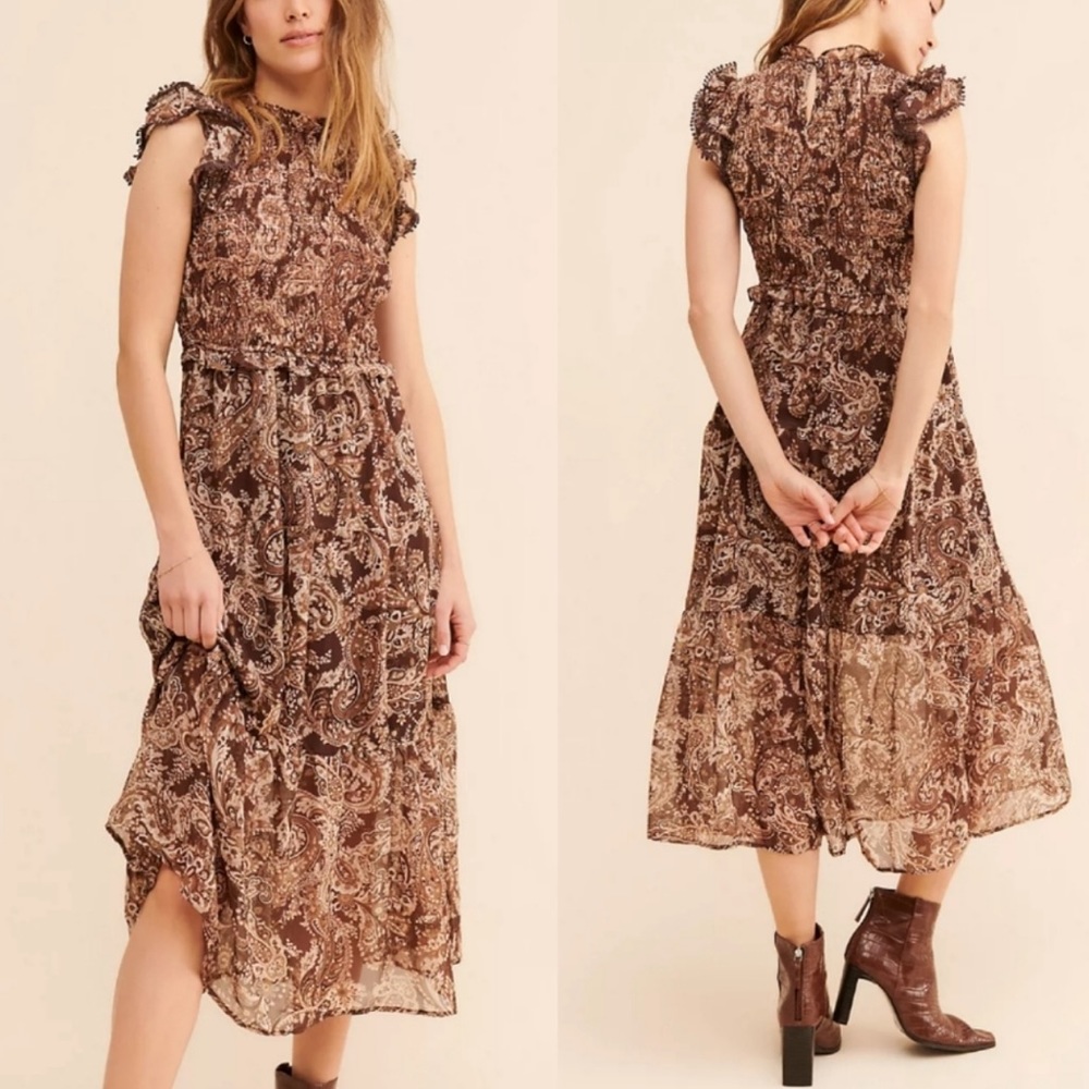 Anthropologie Moon River Brown Paisley Midi Dress Size Large
